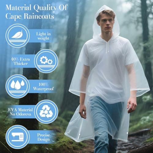 CHGANG Waterproof Poncho Adult, Reusable Rain Poncho Lightweight Waterproof Raincoat Emergency with Hood for Outdoor Hiking Camping Cycling Traveling (Clear) — view 6