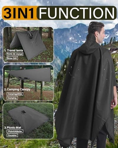 Coutyuyi Waterproof Rain Poncho Adult Unisex with Hood & Pocket(Black，XXL) — view 3