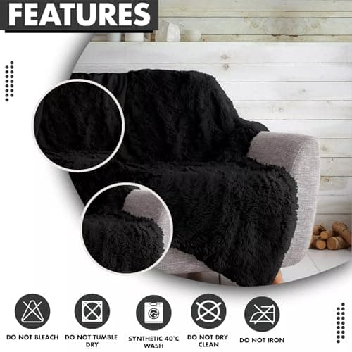Cuddles Throws Hug & Snug Long Pile Fulffy Fur Fleece Blankets Super Soft Warm Cosy Couch Sofa Settee Bed Sherpa Fleece Throws Travel Multipurpose Large Blankets (Black, Double - 150x200cm) — view 5