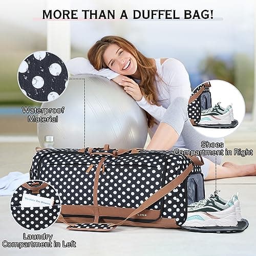 Lekesky Large Foldable Travel Duffe Bag - 80L Waterproof Holdall Luggage Bag with Shoes Compartment, Weekend Overnight Sports Bag for Women and Men(White Dots, 72 * 33 * 34cm) — view 3