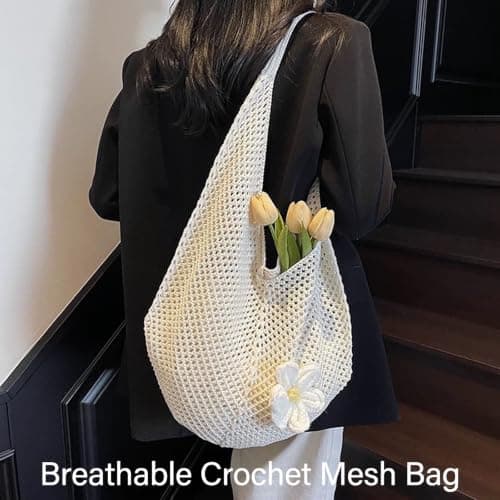 ZAUXVAI Crochet Mesh Tote Bag, Knitted Flower Shoulder Bag, Openwork Breathable Beach Tote Bag, Boho Woven Mesh Shopping Bag, Large Capacity Summer Casual Bag for Women — view 2