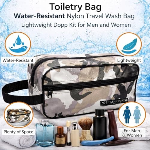 Water-Resistant Toiletry Bag for Men & Women - Lightweight Travel Wash Bag with Multiple Compartments, Compact Dopp Kit Cosmetic Organizer, Durable Nylon Shaving & Makeup Storage Case (Camo Grey) — view 2