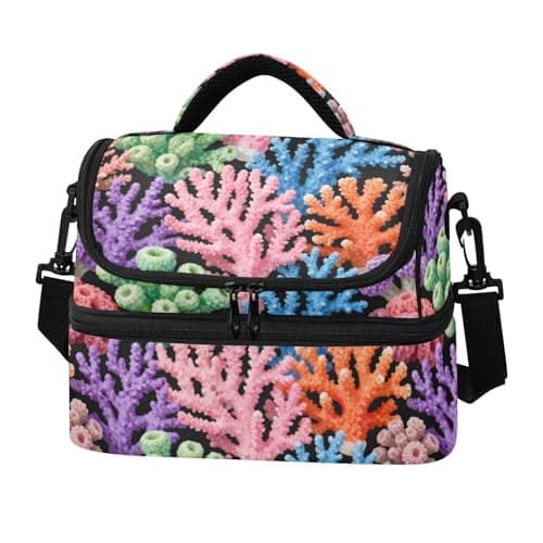 Caihoyu Double-layer Lunch Bag Colorful Corals Lightweight Leakproof Bags with Shoulder Strap for Beach, Camping, Road Trips