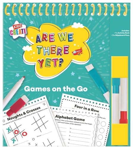 Kids Travel Games Activity Pad Wipe Clean Reusable Book with Pens – are We There Yet Children’s Car Journey Games Noughts Crosses Alphabet Four in a Row Compact Travel Entertainment Toy