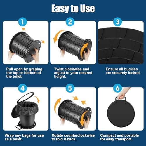 WADEO Upgraded Foldable Camping Toilet, Collapsible Potty with Lid & Toilet Roll Holder, Portable Travel WC for Camping, Trip, Car (Black - Retractable) — view 6