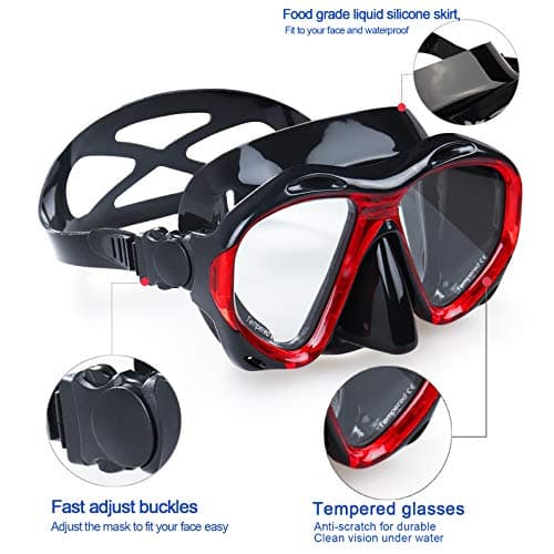 Snorkel Diving Mask Panoramic HD Swim Mask, Anti-Fog Scuba Diving Goggles,Tempered Glass Dive Mask Adult Youth Swim Goggles with Nose Cover for Diving, Snorkeling, Swimming (B-Red) — view 3