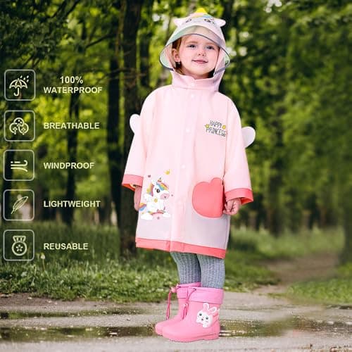 Hovkib Kids Raincoat Toddler Rain Poncho Girls Boys Waterproof Rain Jacket Lightweight Rain Cover for 2-9 Years — view 5