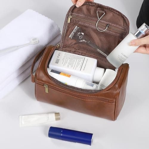 Leather Toiletry Bag, Etercycle Hanging Wash Bag PU Travel Toiletry Bag Waterproof Bathroom Bag for Men and Women Travel Makeup Organizer (Brown) — view 6