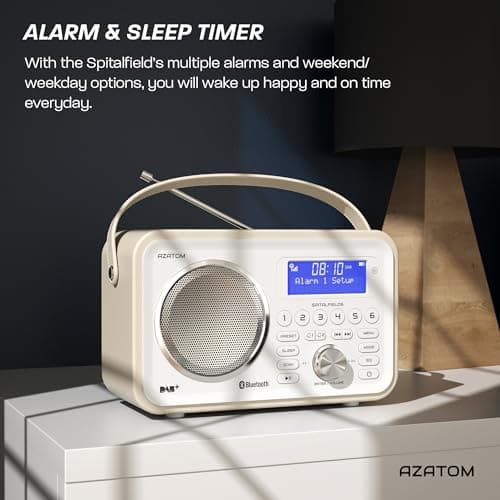 DAB/DAB+ & FM Portable Digital Radio | Leather Design | Bluetooth | Rechargeable Battery | Dual Alarms & Sleep Timer | Perfect for Home, Office or Outdoors | AZATOM Spitalfields 2 (White) — view 4