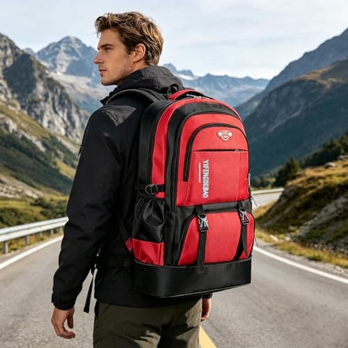 Wesoke 65L Hiking Backpack Expandable Travel Hiking Daypacks, Large Camping Backpack for Men Women, Foldable Lightweight Outdoor Sport Backpacking Backpack for Climbing Touringr, Red — view 2