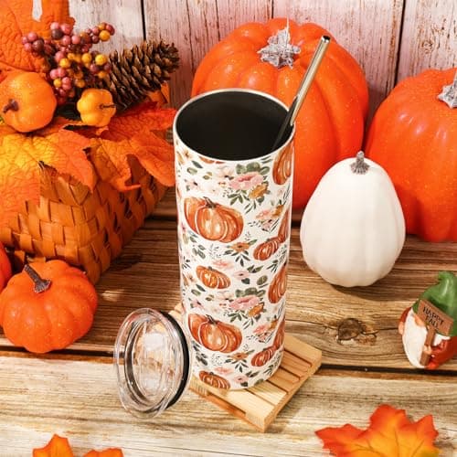 Whaline Fall Tumbler with Lid and Straw Watercolor Pumpkin Flower Stainless Steel Cup Autumn Tumbler Cup Travel Coffee Mug for Fall Thanksgiving Decor Gift Supplies — view 4