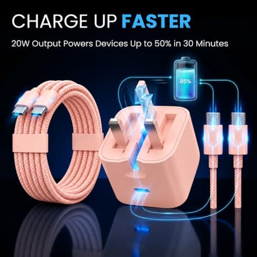 Vitalcable Pink Fast Charging Plug with 2m USB-C to USB-C Charger Cable for Charging & Data transfer, Compatible with iPhone 15, 16, 17 Pro Max, Samsung S26, S25, iPad & More -Next day delivery! — view 2