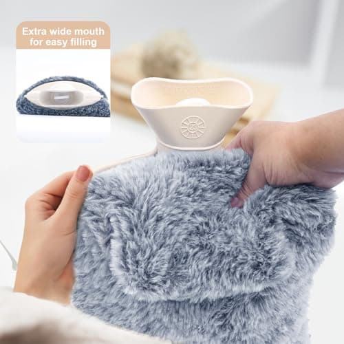 Bonilife Hot Water Bottle with Fluffy Cover, 2L Large Rubber Hot Water Bag with Hand Warmer Pocket Cover for Shoulder, Back, Period Pain Relief, Hot Water Bottle for Men Women Kids Adult-Grey — view 4