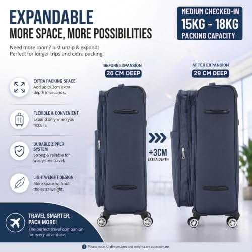 DK Luggage Ultra Lightweight Only 2.9kg Medium 24 Inch Soft Shell Suitcase, 4 Wheel Spinner, Checked Luggage, 15kg–20kg Capacity, Expandable Travel Case (WLS Navy, Medium) — view 4
