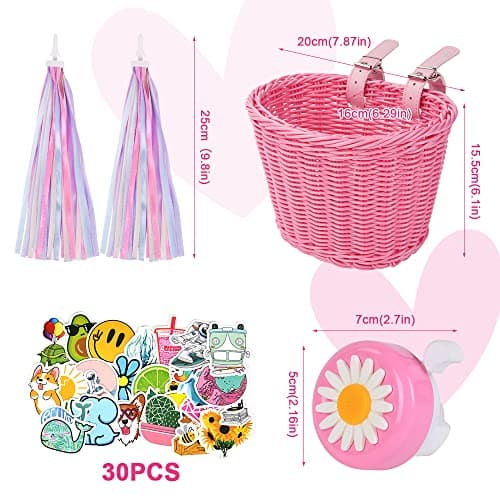 Flintronic Kids Bike Basket Handwoven Cycle Basket for Kids, Bicycle Basket For Girls Boys Childs, with Bike Accessories - Pink — view 2