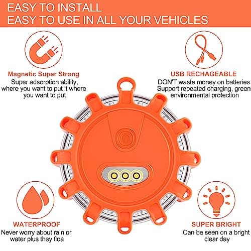 Amzpas USB Rechargeable LED Road Flares Emergency Lights-Roadside Warning Car Safety Beacon Flashing Disc Flare Kit with Magnetic Base & Hook for Vehicles & Boat(3 Pack-Orange Light) — view 6