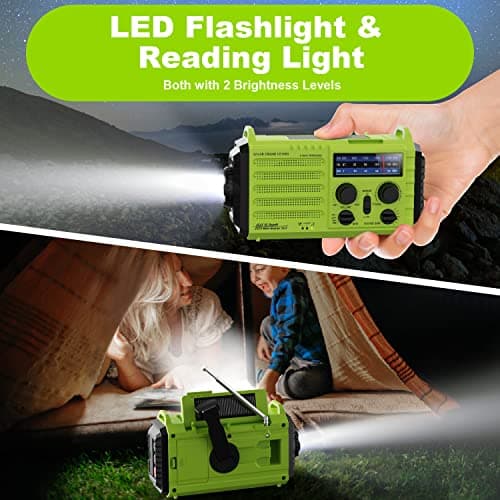 Solar Hand Crank Radio, 5-Way Powered AM/FM/SW Emergency Radio for Outdoor with 5000 mAh Capacity Battery, Portable Radio with USB Charger, LED Flashlight, Reading Lamp, SOS Alarm and Compass Green — view 5