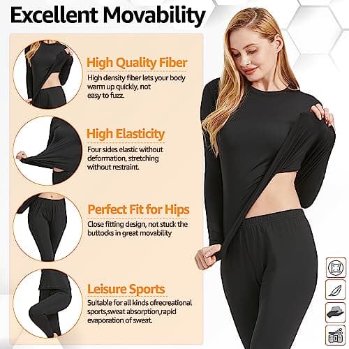 UNIQUEBELLA Womens Thermal Underwear Set,Crew Neck Long Sleeved Base Layer Top & Leggings Multifunctional Home Thermal Base Layers for Sports Skiing Black — view 5