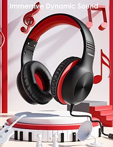 Nabevi Kids Headphones, Childrens Headphones with Microphone, 85/94dB Volume Limit, HD Sound, Sharing Function, Wired Headphone for Kids Boys Girls for Tablet/iPad/Kindle/PC/School/Travel, Black Red — view 2