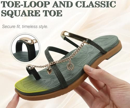 ONCAI Flat Sandals for Women with Toe-loop Square Open Toe Strappy Slide Sandal 2026 Summer Fashion Dressy Slip on Green/Khaki Size 6 Casual Beach Lightweight Outdoor Ladies Slides Shoes — view 4