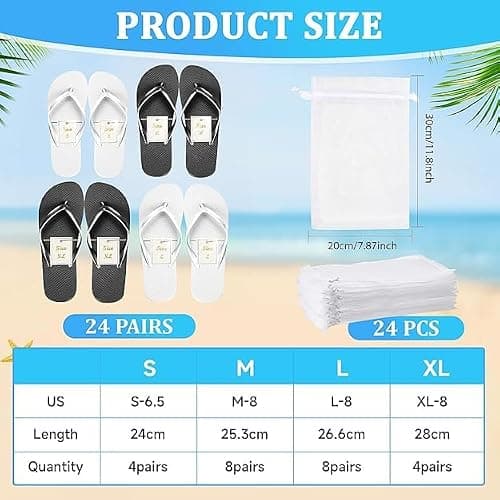 JTKDG 24 Pairs Flip Flops for Wedding Guest, Slippers Hotel Guest Spa Slippers Party Favors Flip Flops with Size Cards & Drawstring Bags for Wedding, Spa, Pool Party, 4 Sizes — view 3