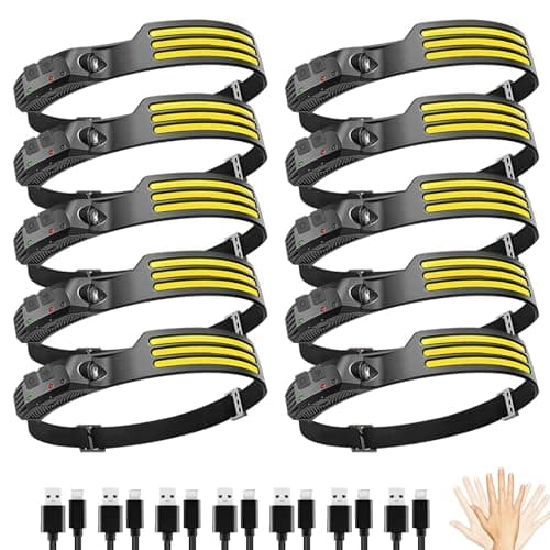 10Pack LED Headlamp Rechargeable with 3 Led Strip, 230° Wide Beam Head Lamp for Forehead, 6Mode Hard Hat Light for Adults, Flashlight for Work, Hiking, Running, Camping Essentials Gear