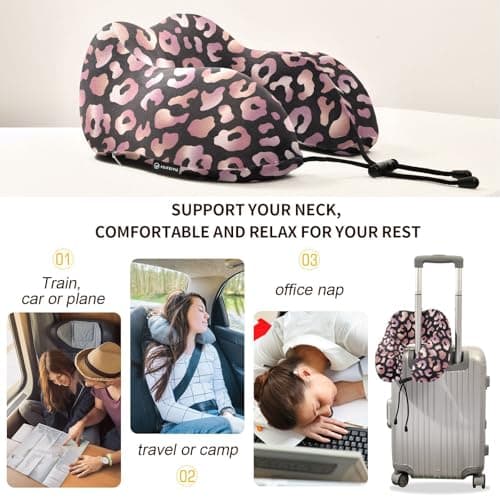 ALAZA Rose Gold Leopard Print Pink Cheetah Animal Neck Pillow Travel for Sleeping Airplane Travel Kit with Snap Clip & Storage Bag — view 4