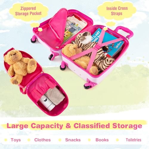 GYMAX 2Pc Kids Luggage Set, 12" & 16" Children Hand Trolley Case with 4 Spinner Wheels, Carry On Suitcase for Boys Girls Travel School (Light Pink) — view 2