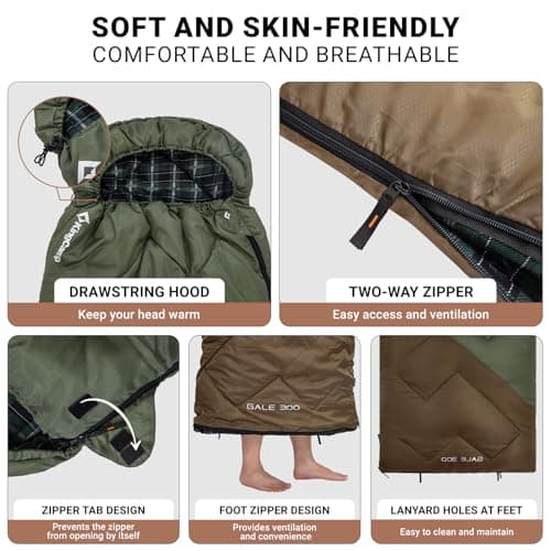 KingCamp Adult Sleeping Bag,100% Cotton Flannel Lining, Comfort 7℃,Olive_L — view 5