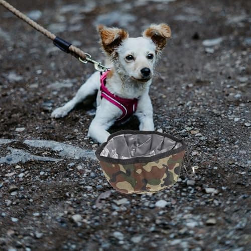 ARTSEWPLY Portable Folding Dog Travel Bowl for Small Dogs, Foldable Oxford Cloth Pet Food and Water Dish, Large Capacity Outdoor Puppy Feeding Bowl with Camouflage Design — view 5
