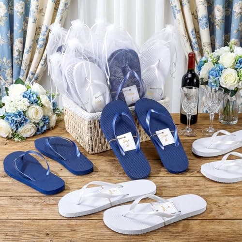 Unittype 24 Pairs Flip Flops Bulk for Wedding Guest Slippers Wedding Flip Flops with Cards Bags for Pool Beach Party, White,navy Blue, One Size — view 3