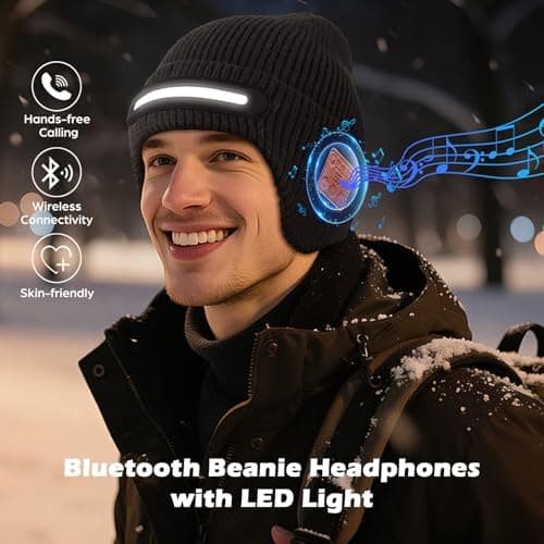 fesoklaf Bluetooth Beanie Hat Headphones with LED Light for Men Women Winter Warm Wireless Music Flashlight Beanie Outdoor Sports (UK, Alpha, One Size, Black) — view 2