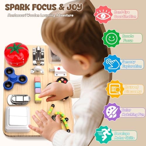 Dilabnda Montessori Busy Board Wooden Fidget Sensory Toy for Toddlers, Activity Board Educational Travel Toy for Plane Fine Motor Skills Gift for Boy Girl — view 4