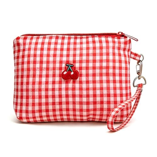 Cherry Makeup Pouch, Small Cosmetic Bag for Handbag, Plaid Travel Bag