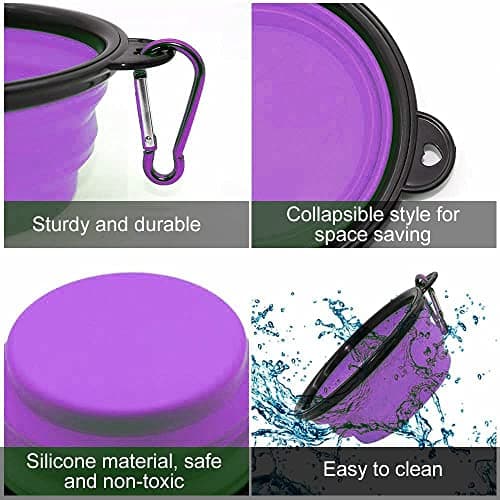 Collapsible Dog Bowl,Collapsible Dog Water Bowls for Cats Dogs, Portable Pet Feeding Watering Dish,Portable Dog Water Food Bowl with Carabiner (Medium(650ML), Purple) — view 3