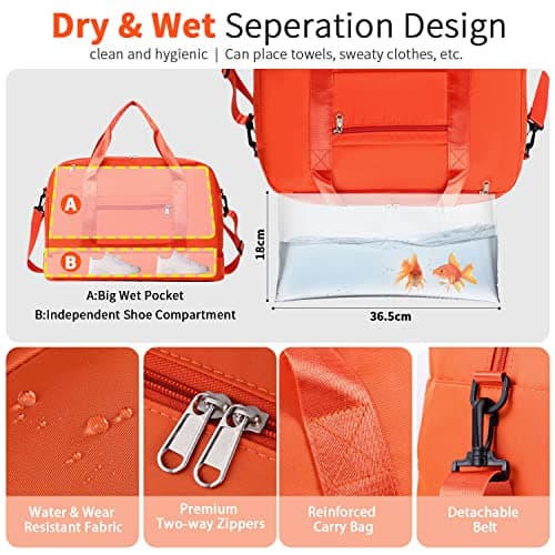 FIORETTO Womens Foldable Weekend Bag Overnight Hospital Bag with Shoes Compartment & Wet Pocket, Water Resistant Gym Bag Duffle Bag Travel Bag Holdall for Women Men Orange — view 4