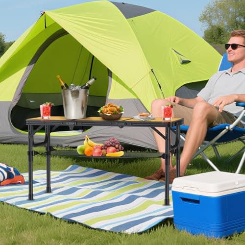 Anbte 3ft Camping Table Foldable with Storage Net and Bag, 3 Adjustable Heights High 27.5" Aluminum Camping Table, Portable, for Outdoor Indoor Backyard Bbq Cooking Party Picnic Beach, Yellow — view 2