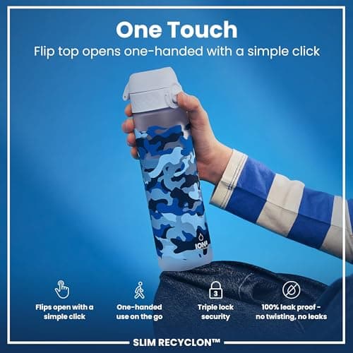 ION8 Water Bottle, 500ml/18oz, Slim Leak Proof & BPA-Free Drinking Bottle, Secure Lock Prevents Spills, Dishwasher Safe, Carry Handle, Ideal for Adults & Kids - Travel, Gym & School, Camouflage Design — view 3