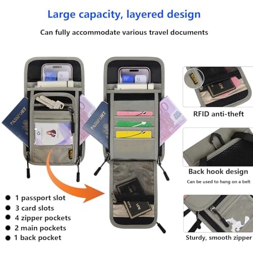 Passport Holder Travel Neck Wallet RFID Blocking Travel Document Bag Women and Men Anti-theft Multifunctional Phone Pouch for Passports Credit Cards Boarding Passes Business Cards (Light gray) — view 4