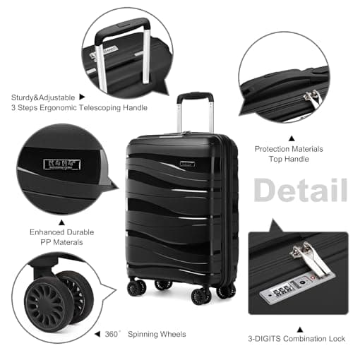 Kono Suitcase Set of 4, Lightweight PP Travel Case & Suitcases for Every Journey, Hard Shell Luggage with Spinner Wheels, TSA Lock & YKK Zips, Cabin to Large Sizes, Black — view 3