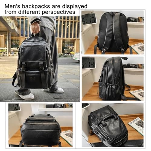 Fuaihui Black Leather Rucksack Men, PU Leather Laptop Backpack for Men, Water-Resistant 15.6 Inch Large Capacity Gothic Business School Travel Rucksack — view 4