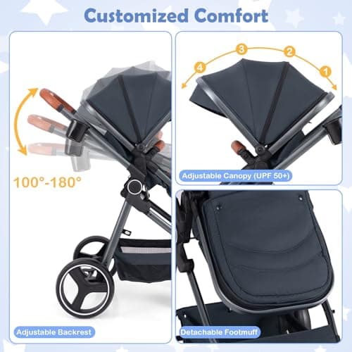 GYMAX Foldable Baby Stroller, All in One Toddler Pushchair with Adjustable Backrest/Canopy and Storage Bag, Portable Convertible Buggy Pram for Newborns (Dark Blue, with footmuff: 89 x 58 x 101 cm) — view 5