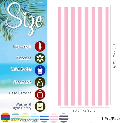 Large Microfibre Beach Towel for Adult,160x90cm Double Sides Pink Striped Sand Free Beach Towel,Lightweight Quick Dry Travel Swim Towel with Bag,Compact and Thin Sports Towel Yoga Gym for Women Men — view 2
