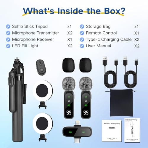 Vlogging Kit for iPhone/Android,180CM Selfie Stick Tripod for Smartphone with 2 Lights and 2 Microphone,Content Creator Starter Kit — view 6