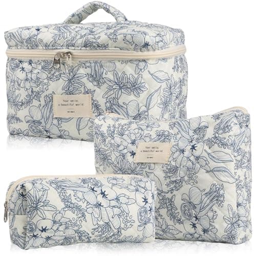 MerwDeeyt 3 Pack Floral Cotton Makeup Bag Set for Women Travel