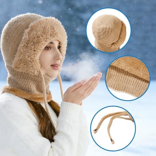 Qoibraze 3 in 1 Beanie Hat for Women Winter Warm Knitted Cap with Neck Warmer Windproof Ajustable Knit Hat and Scarf Set for Women Khaki — view 4