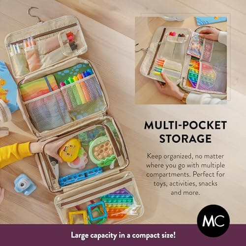 Kids Travel Organizer – Multi-Compartment, Water-Resistant Hanging Bag for Toys, Snacks, & Activities - Compact, Lightweight Design with Hook & Carry Handle - Perfect for Travel Use (Beige, Large) — view 4