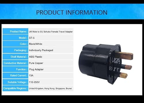 Strhowill 2 Pack Black UK 3-Pin to EU Schuko Plug Adapter — view 6