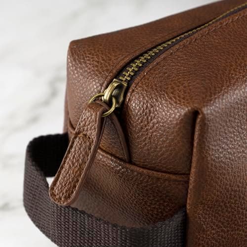 Personalised Embroidered Mens PU Leather Wash Bag with Strap Black or Brown - Mens Vegan Leather Toilet Bag Embroidered with Initials (Tan) — view 2