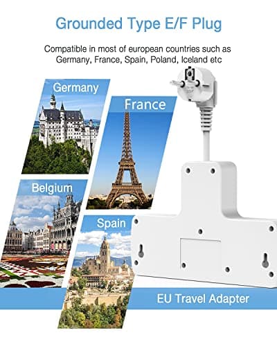 Travel Plug Extension, UK To EU Multi Plug with USB, 3 Way Individual Switched Sockets with USB C Extension Cord (10A/2500W) — view 3